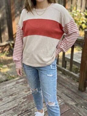 DOKOTOO Crewneck Colorblock Striped Long Sleeve Knit Pullover Top XL